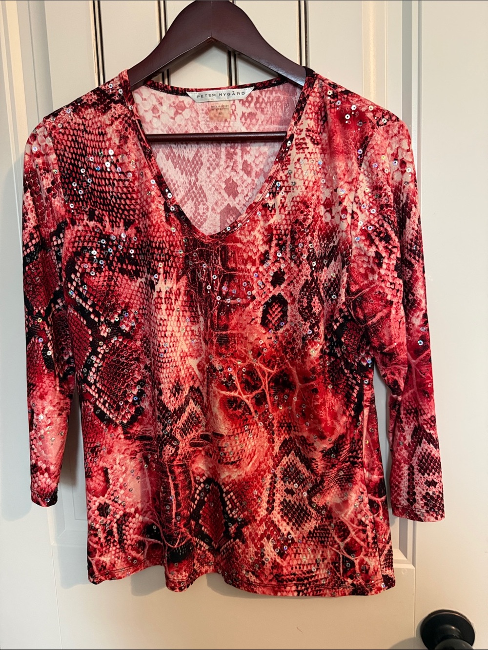Red Snakeprint Sequin V-Neck Top